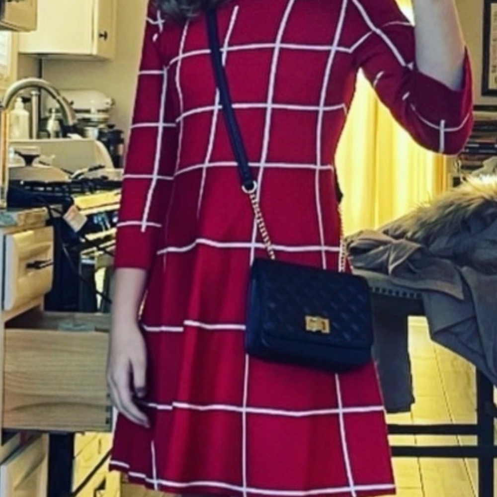 Red Grid Pattern Sweater Dress